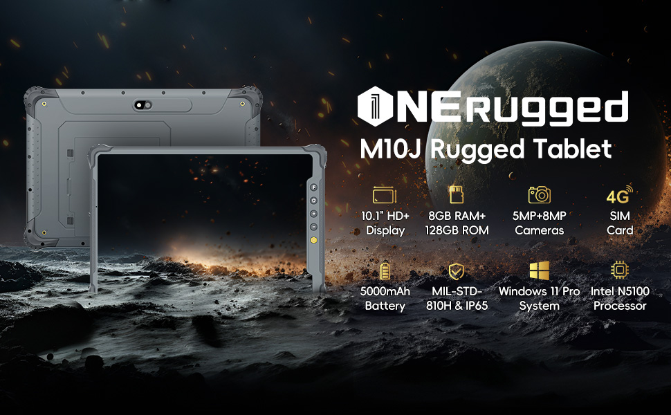 ONERugged M10J 10.1" Rugged Tablet Win11 Pro N5100 CPU IP65 Waterproof 4G/WiFi/BT5.0/NFC