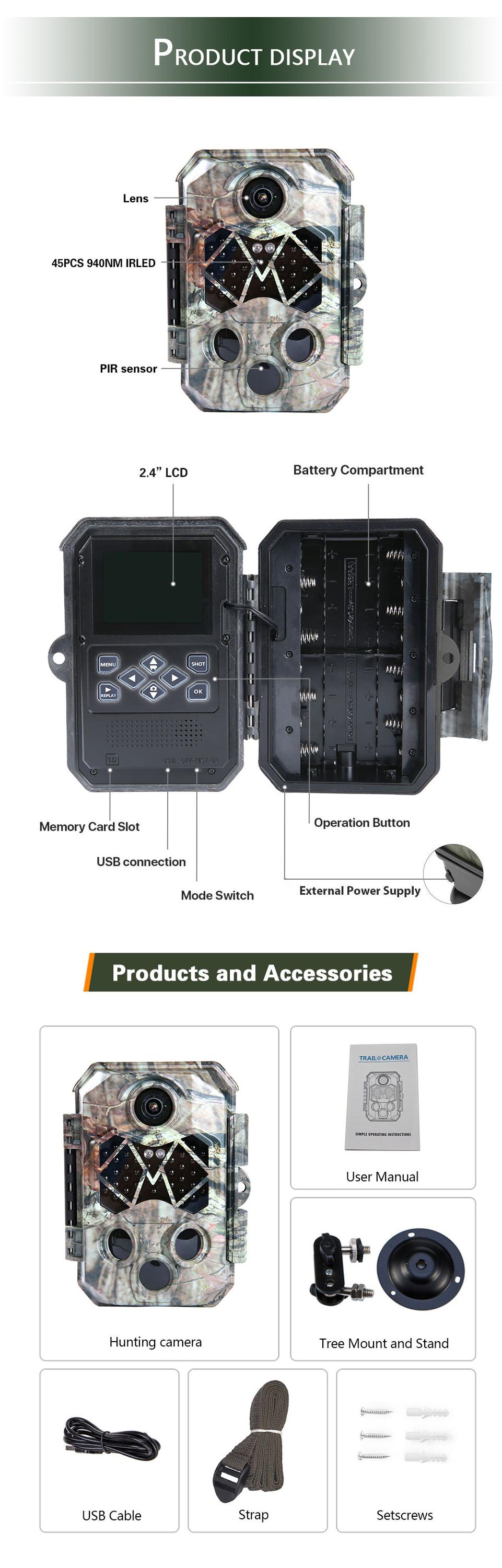 Hunting Cam 20.0 Megapixel 1080P Waterproof IP66 120 Degree Detecting Range Wildlife Scouting Camera