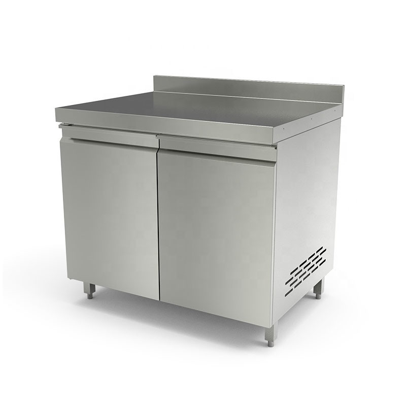 Stainless steel kitchen cabinet, no sink, two doors.