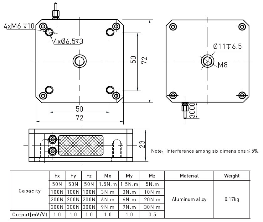 Six Dimensional Force Sensor Multi Axis Load Cell Accuracy Aluminum Alloy