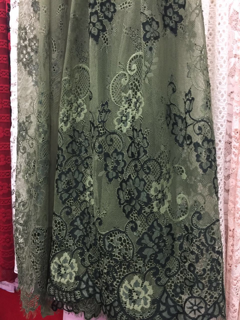100% Nylon Eyelash Lace Fabric Hot Selling Ivory green double color