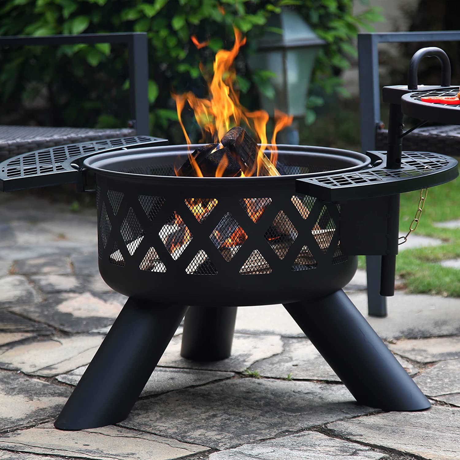 2-In-1 Outdoor Wood Burning Steel BBQ Grill Portable Fire Pit With Spark Screen Cover