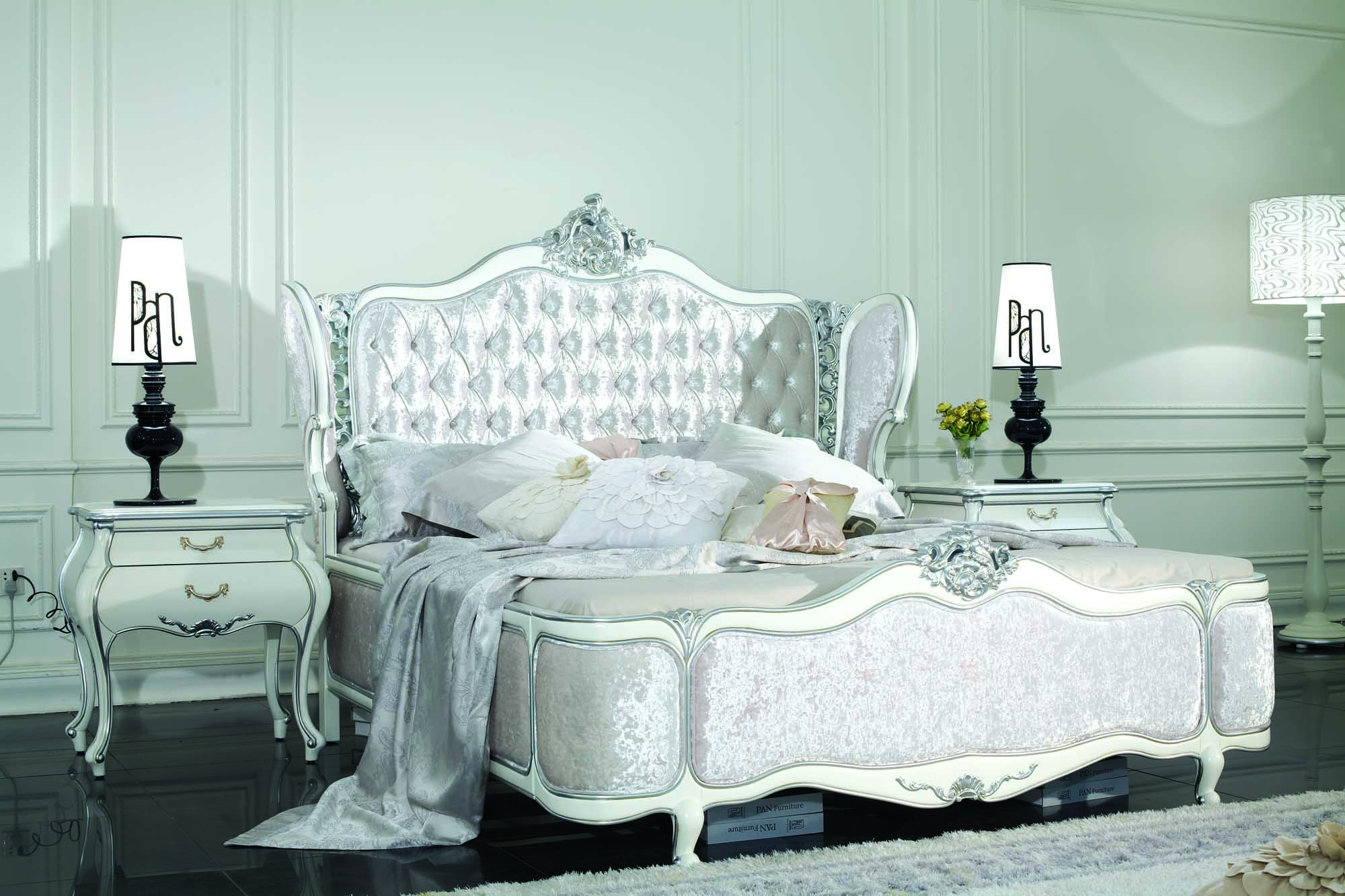 ISO 9001 Victorian Luxury European Bedroom Furniture White Silver Classic Bedroom Sets