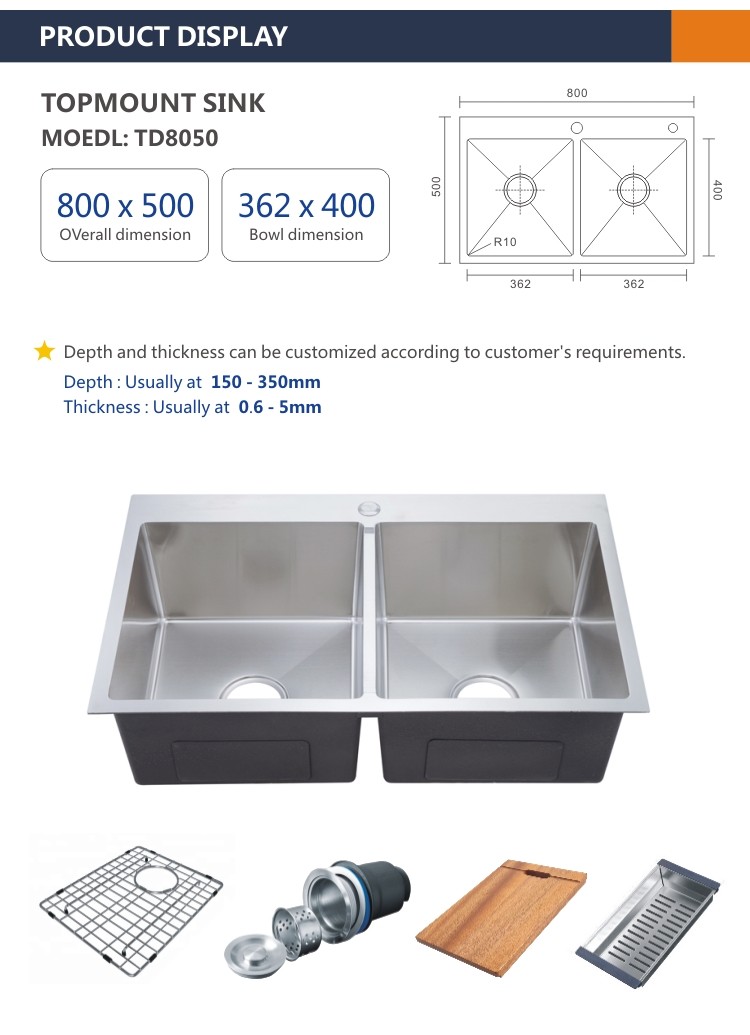 50 50 Topmount Stainless Steel Kitchen Sink 16 Gauge Brushed Double Bowl 80x50