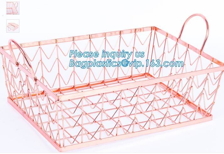 metal wire storage basket with tray in whole sale lowest MOQ sale even just buy 1 set, Kitchen storage Rose gold wire me