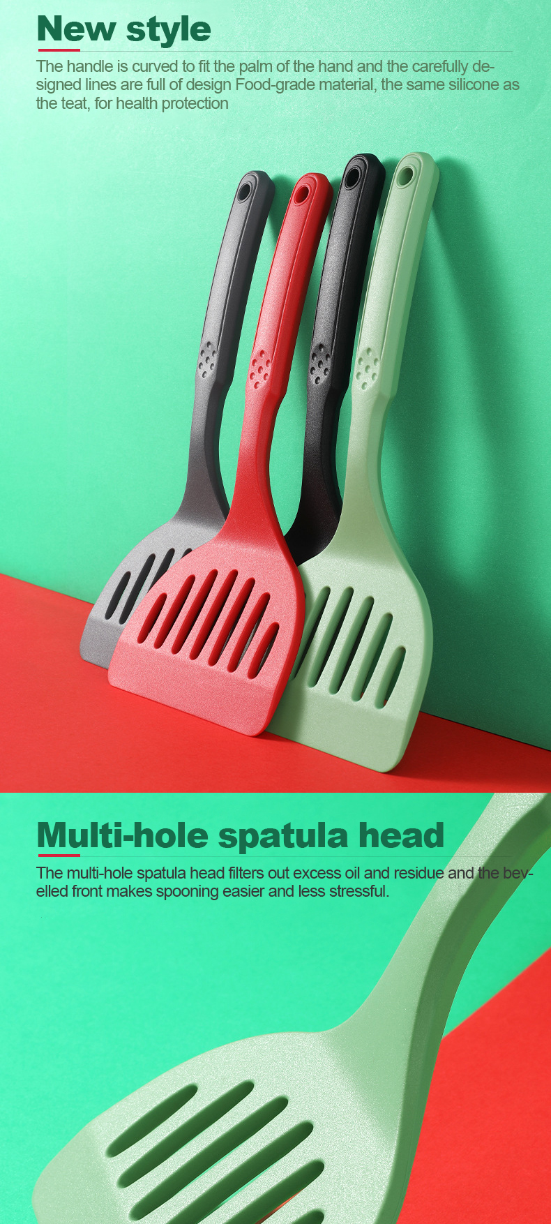 Heat Resistant Non Stick Silicone Frying Spatula With Long Handle