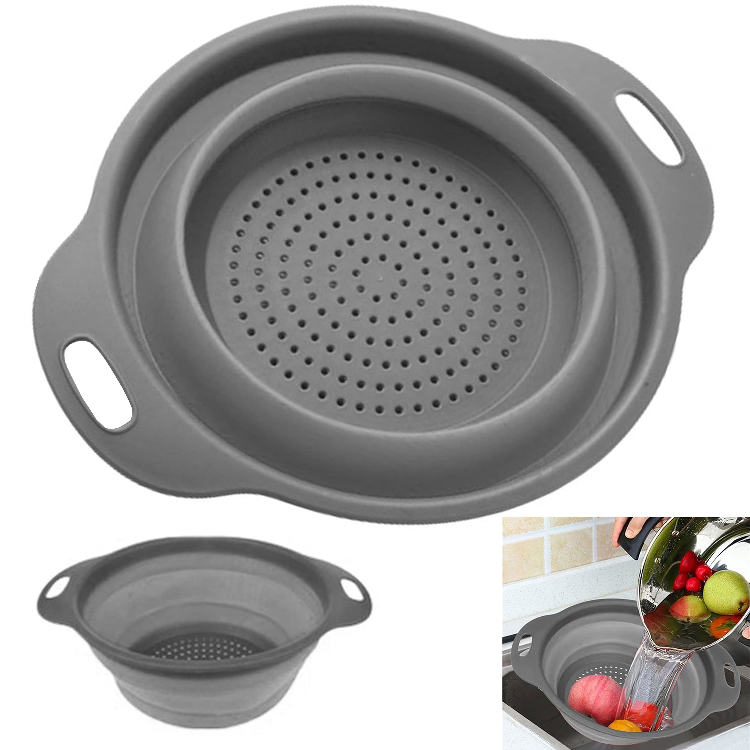 Silicone Collapsible Colander Set Food Strainer And 9 Inch Mixing Bowl 2Pcs Fruits Vegetables Pasta Strainer BPA Free