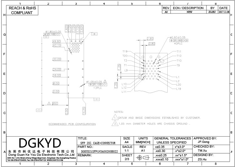 DGKYD21SFP1N3A00200B022 2*1 Cage Thickness 0.25mm RJ45 SFP Connector 15U Phosphor Bronze