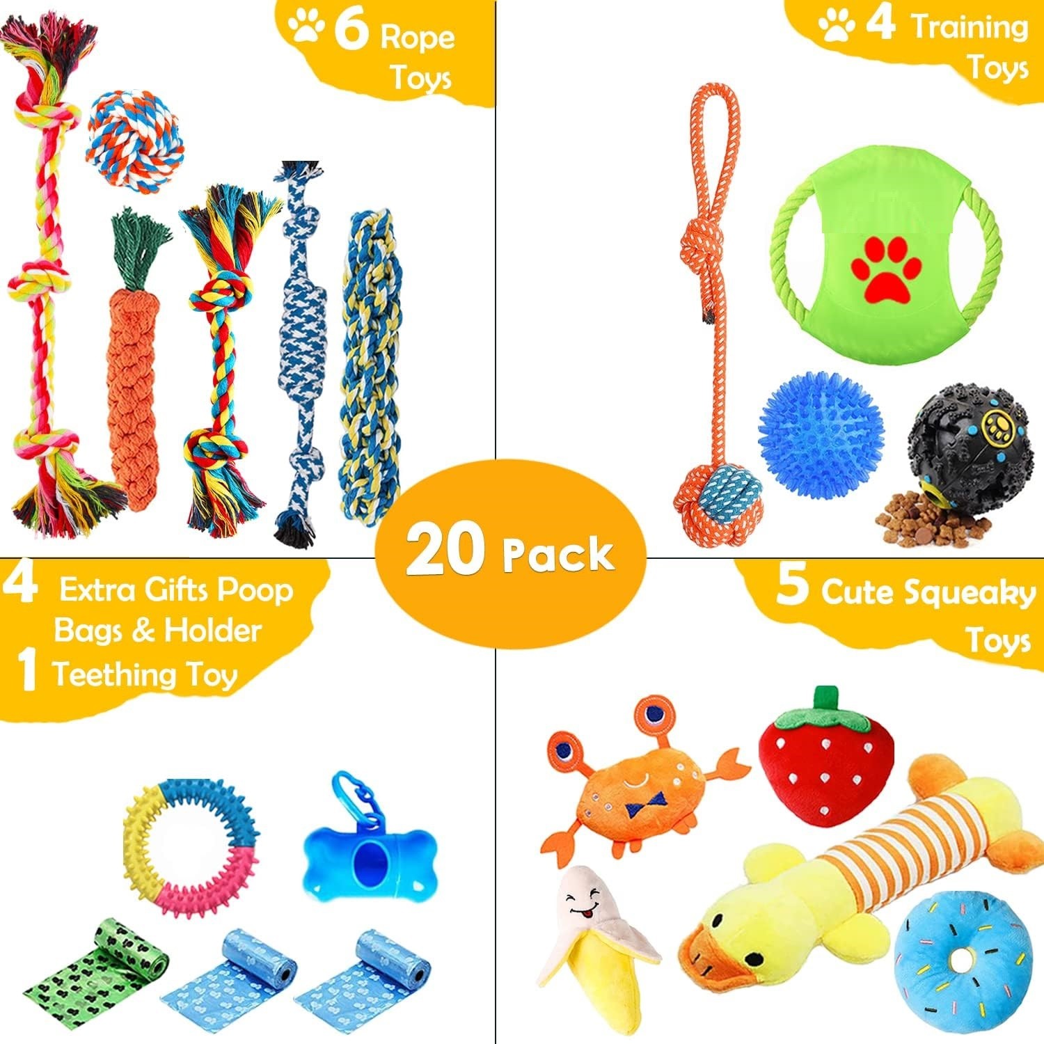 Dog Puppy Toys Pack, Puppy Chew Toys for Fun Teeth Cleaning, Dog Squeak Toys,Treat Dispenser Ball, Tug of War Toy