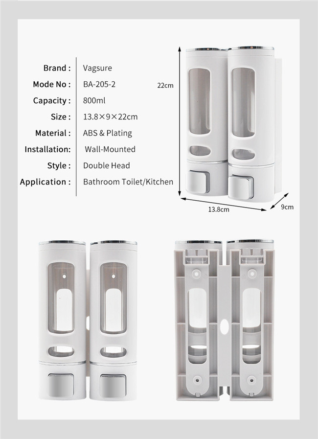 Double Heads Wall Mounted Liquid Soap Dispenser Waterproof ABS Plastic Material