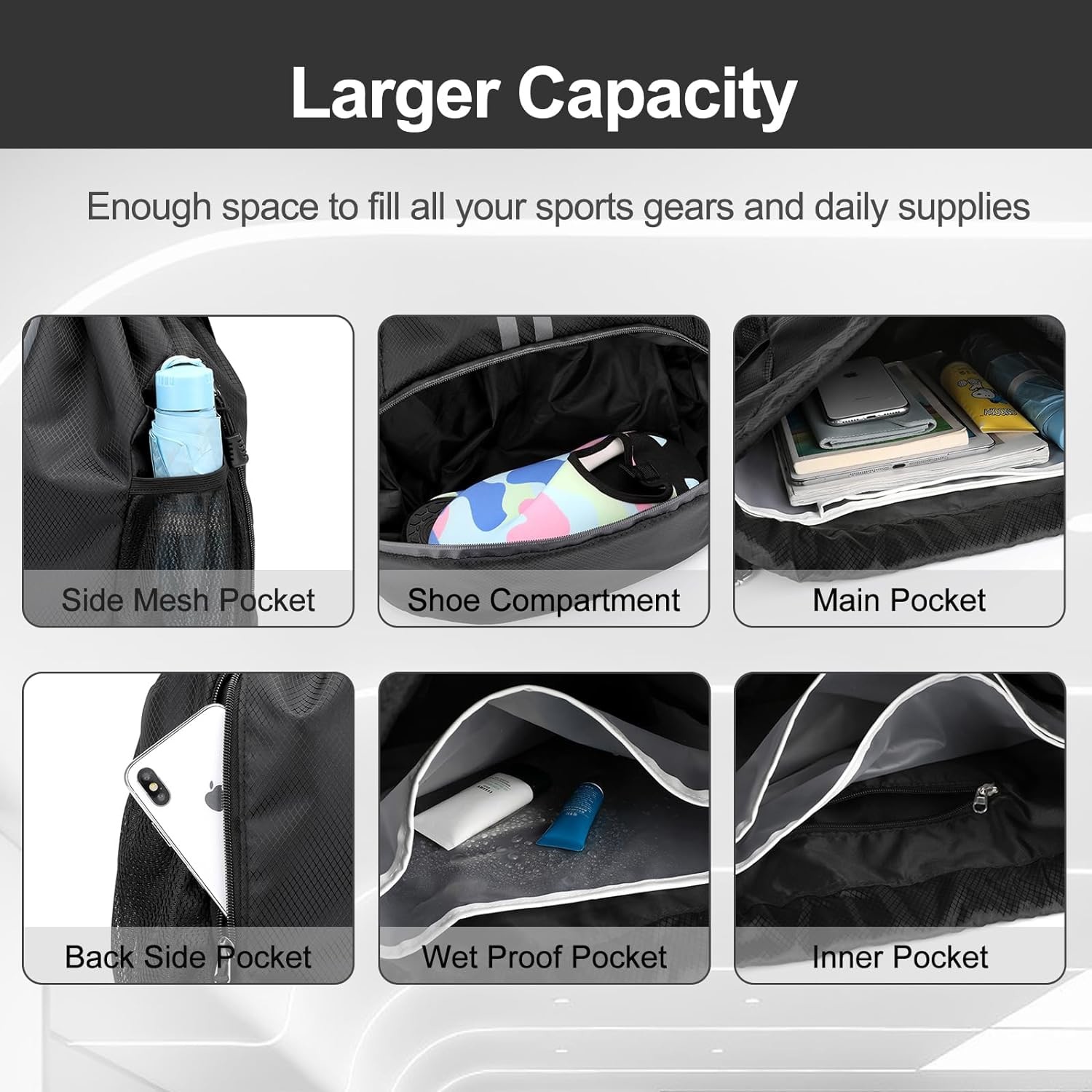 HOEDIA SPORTS DRAWSTRING BACKPACK - STRING SWIM GYM BAG WITH SHOES COMPARTMENT AND WET PROOF POCKET FOR WOMEN&MEN