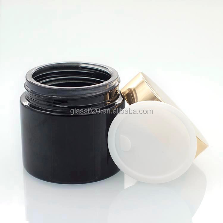 Glossy Black 60g Cream Jar Packaging glass material With Plastic Lid