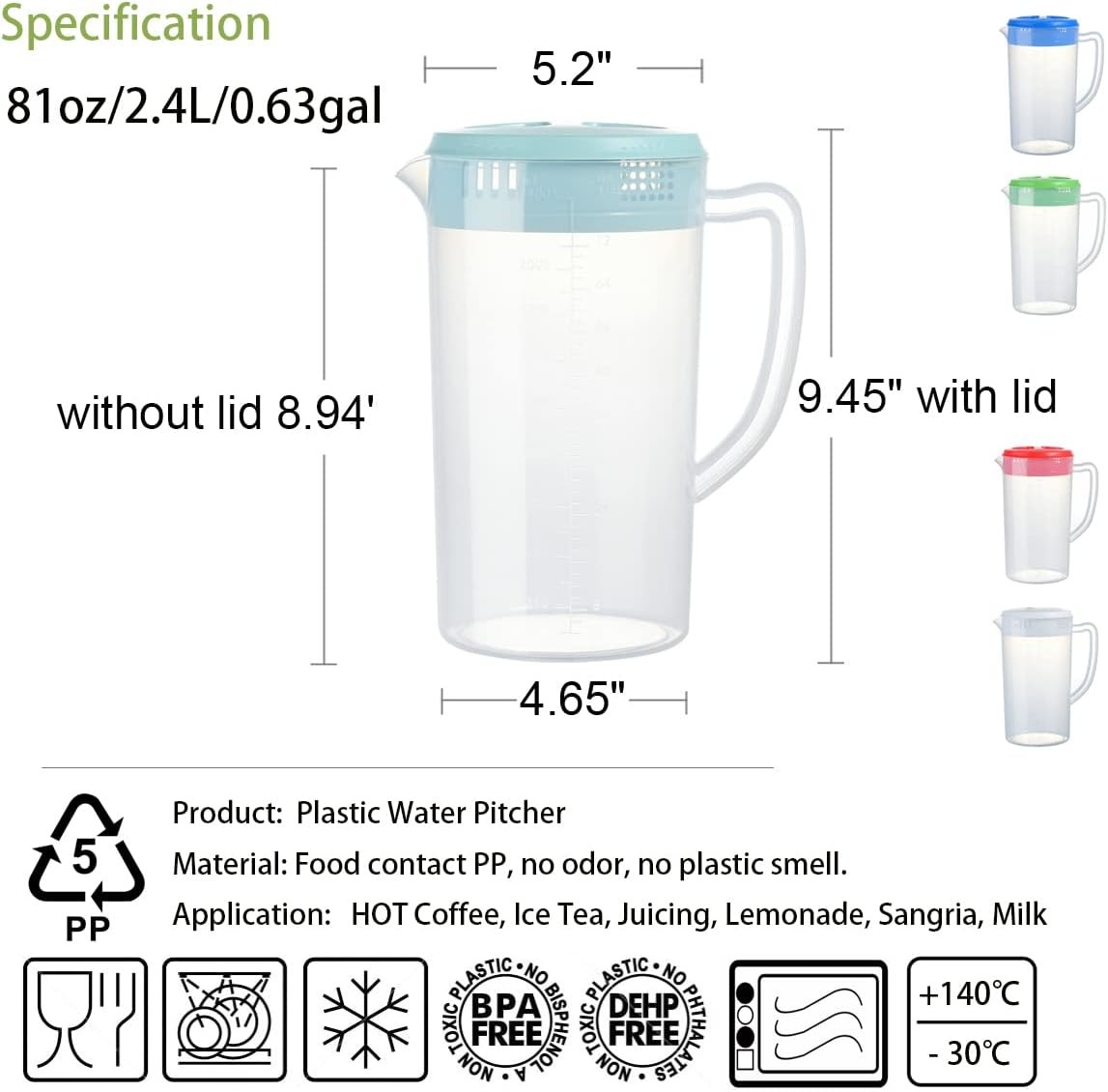 Restaurant Supplies, Kitchen Supplies, Hotel Supplies, Water Carafe With Lid 1.8L Water Jug Plastic Pitcher