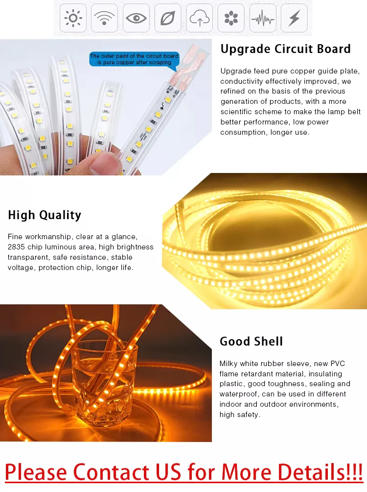 High Voltage LED Strip Lights 220 Volts 120leds/M 8mm Single Row IP67 Waterproof SMD 2835 Flexible Smart