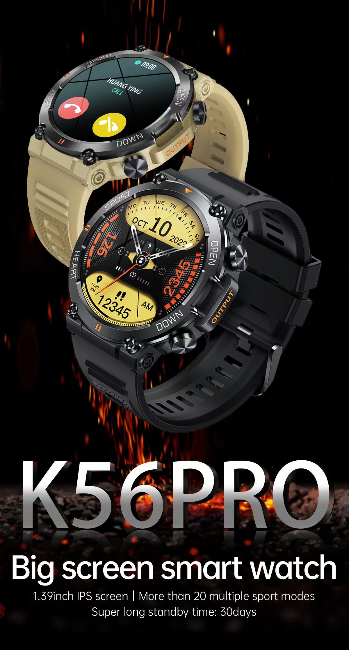 K56 Pro Outdoor Men Smart Watch 1.39 Inch IPS Round Screen BT Call Heart Rate Fitness