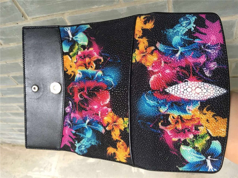 Authentic Stingray Skin Closure Female Large Flower Purse Wallet Genuine Leather Lady Phone Clutch Women Card Holder