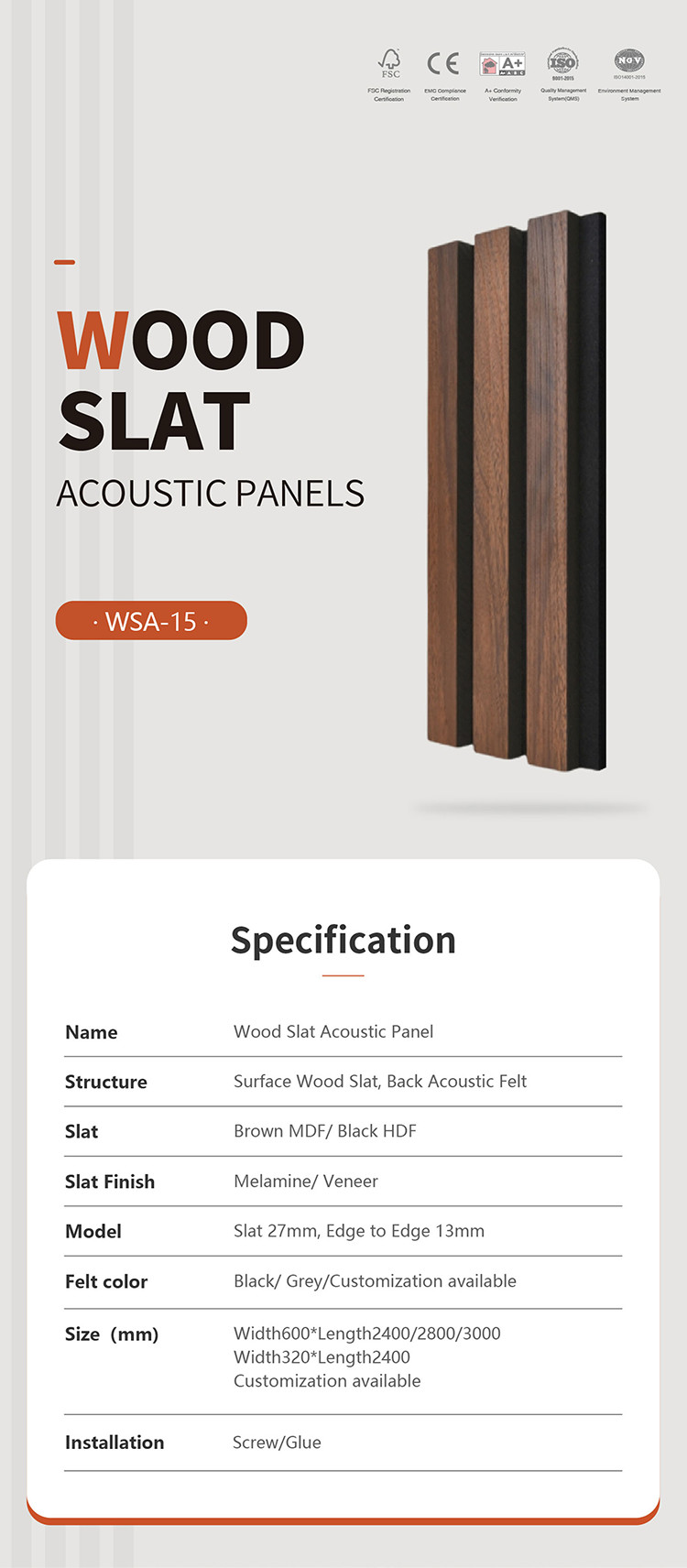 Black Color Acoustic Wood Slat Panels Polyester Fiber MDF For Hotel Decor