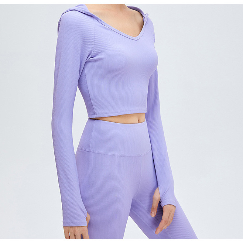 High Waist Ribbed Yoga Clothes Women Long Sleeve Hooded Crop Top Set