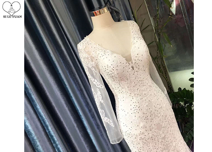Deep V Neck Mermaid Style Prom Dress / Long Sleeve See Ivory Lace Evening Gown