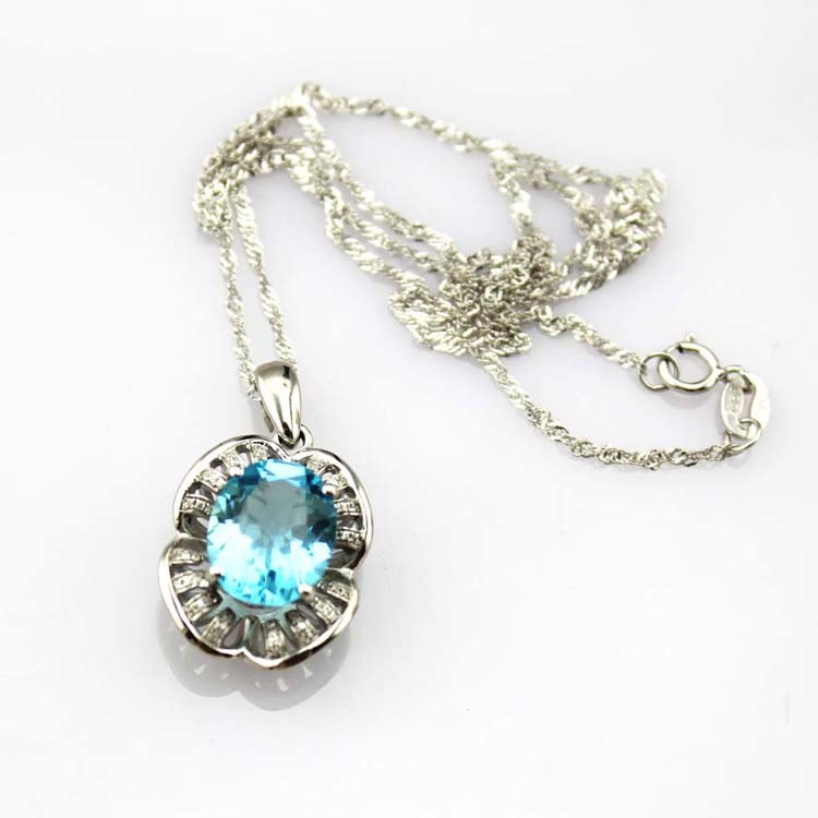 Sterling Silver Wave Chain 9x11mm Blue Topaz Cubic Zirconia Pendant Necklace(P01)