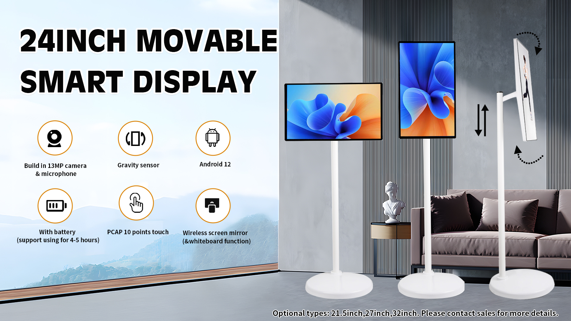 VETO 21.5 24 27 Inch Battery-Power Indoor Smart TV In-Cell Touch Screen 1080p LCD Display Smart Rotating Rolling tv