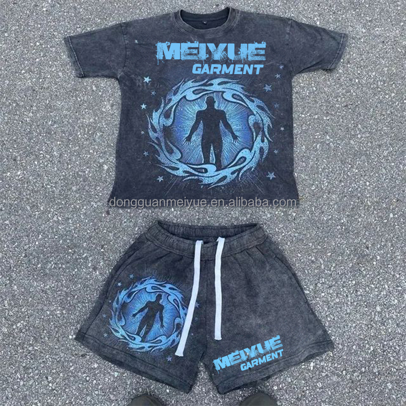 Custom Streetwear Summer Acid Wash Vintage Boxy Heavyweight Two Piece Shorts Suit Screen Printing Tee T Shirt and Shorts Set