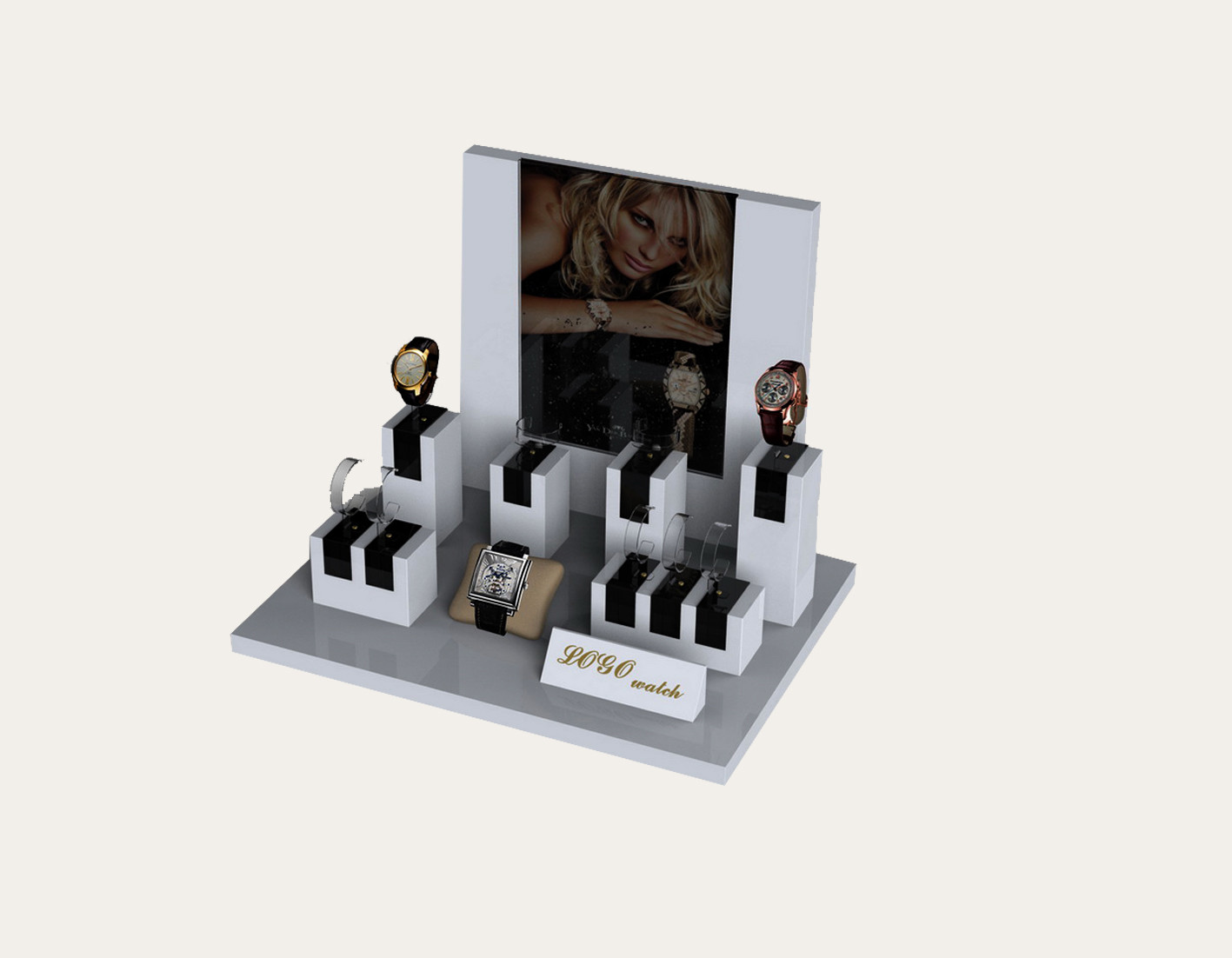 Wholesale Customzied Showcase Wooden Watch Display Window Stand W/ C-ring Holder