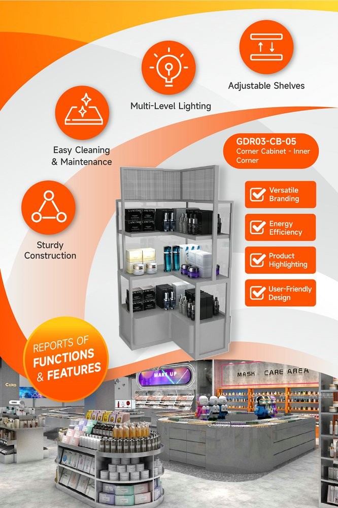 GDR03-CB-05 Inner Corner Cabinet with LED Strip Lights and Transparent Tempered Glass for Fashion Boutiques