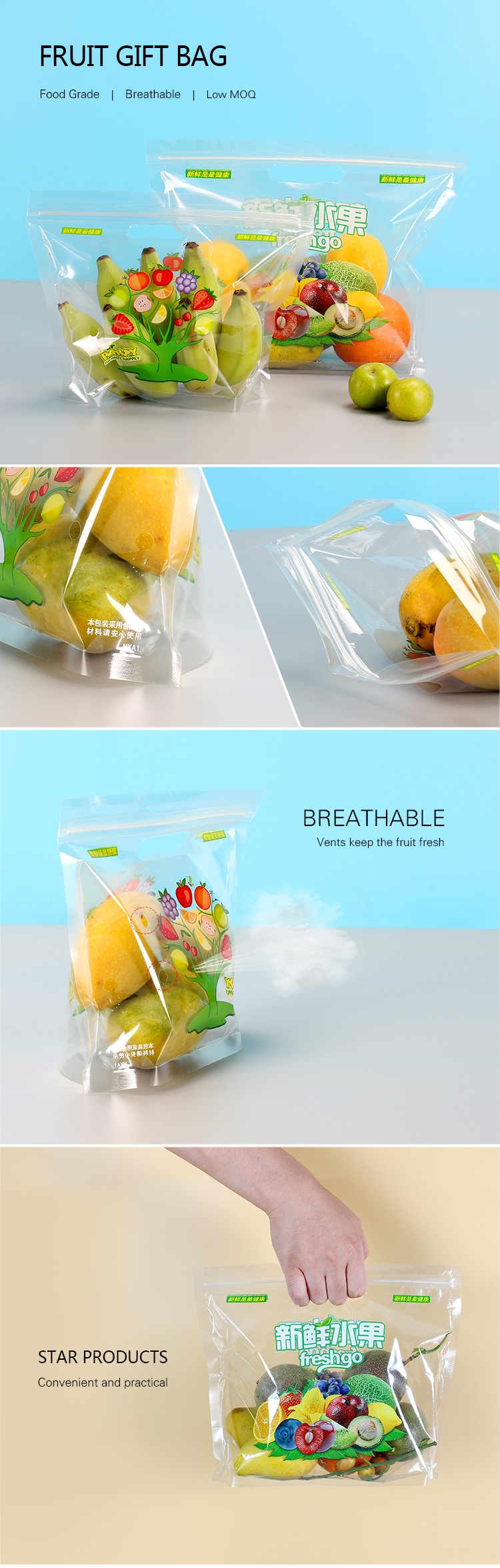 Transparent Plastic Fruit Saver Bags Reusable Handle Custom Design