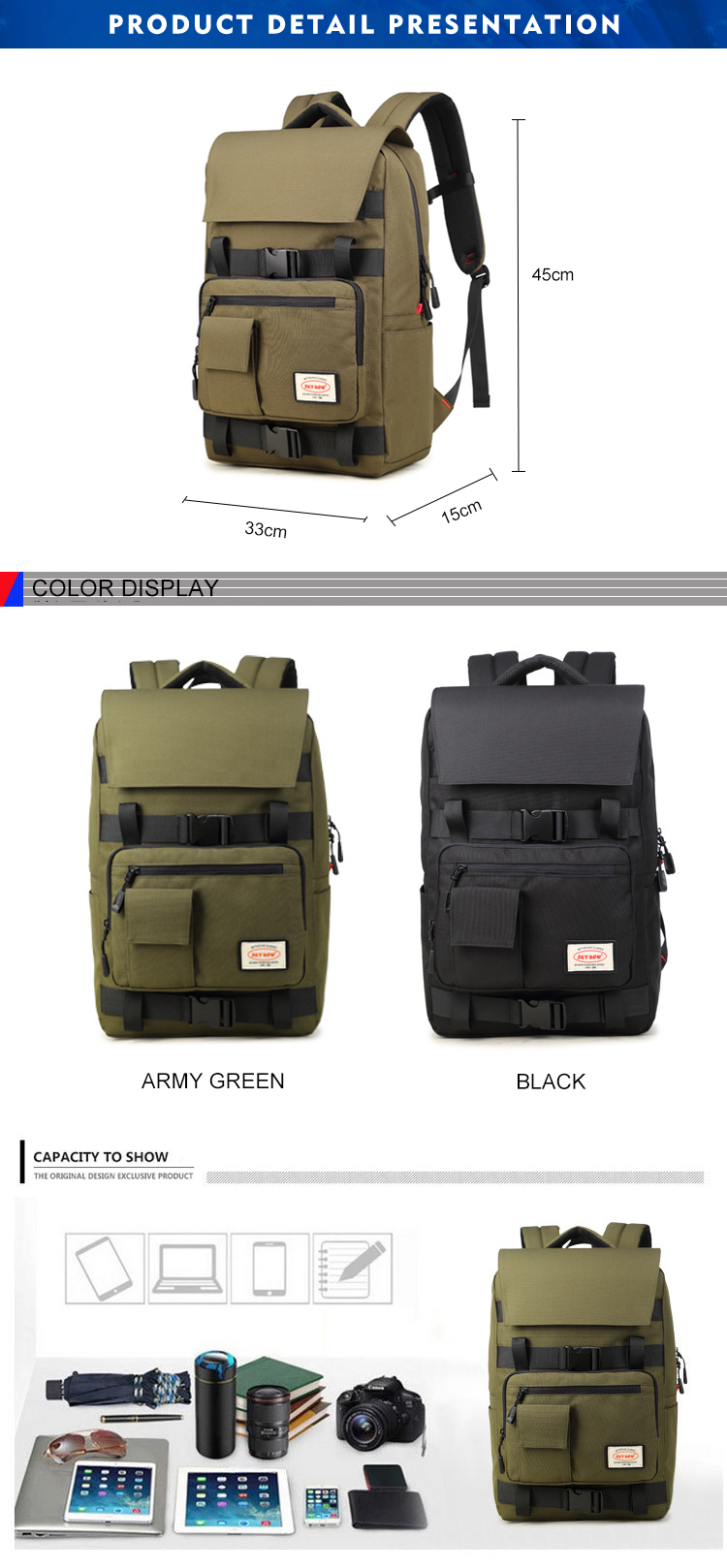 27L Travel Fashion Backpack Lightweight Hiking Daypack 33*15*45cm