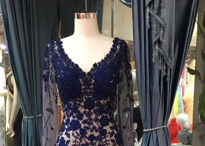 Navy Blue Long Sleeve Lace Mermaid Prom Dress V Neck Backless See Through Style
