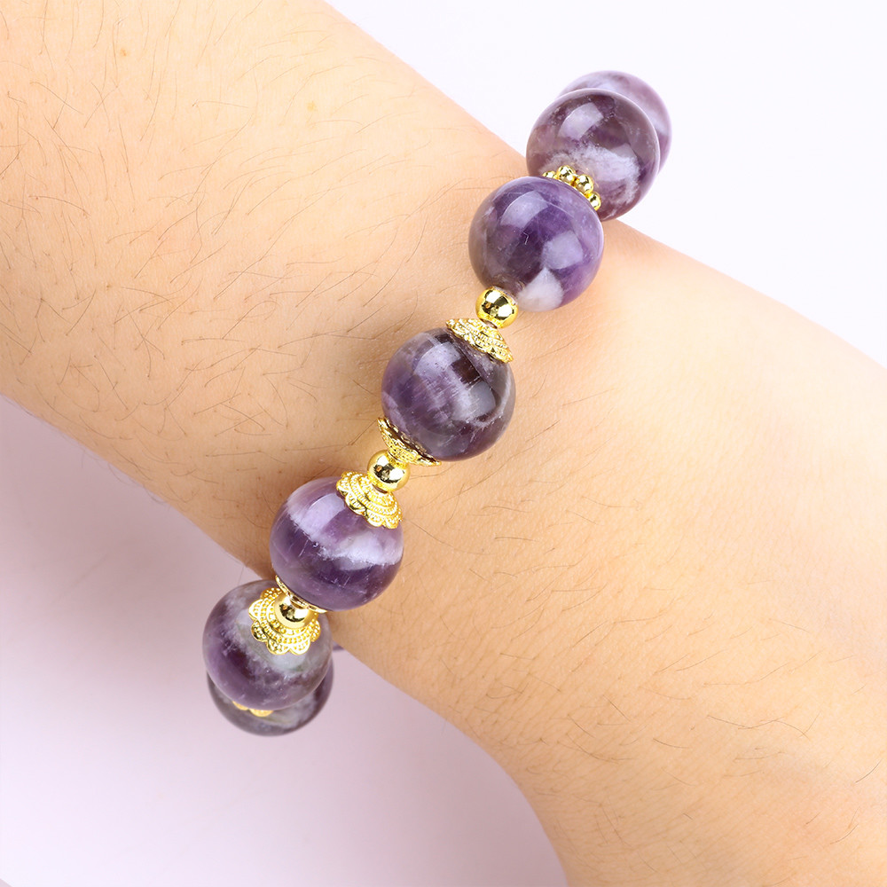 Handmade 12MM Dream Amethyst With Flower Spinner Charm Blessing Crystal Bead Bracelet