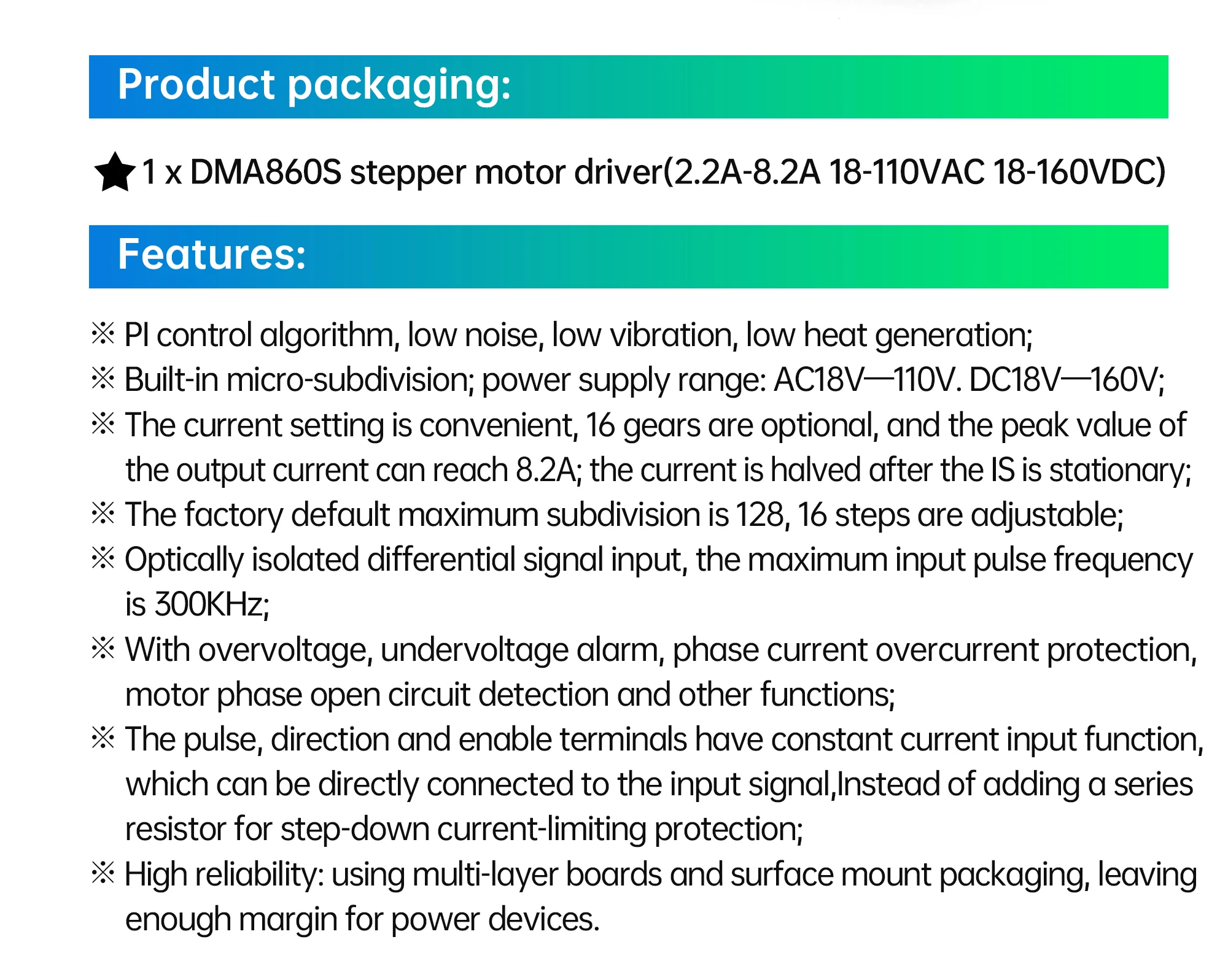 Nema34 Stepper Motor Driver DMA860S 2.2A-8.2A 18-110V AC 18-160V DC