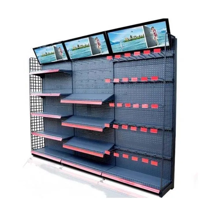 Factory customized color size metal heavy duty minimarket shelves wall shelves for cosmetics display gondola