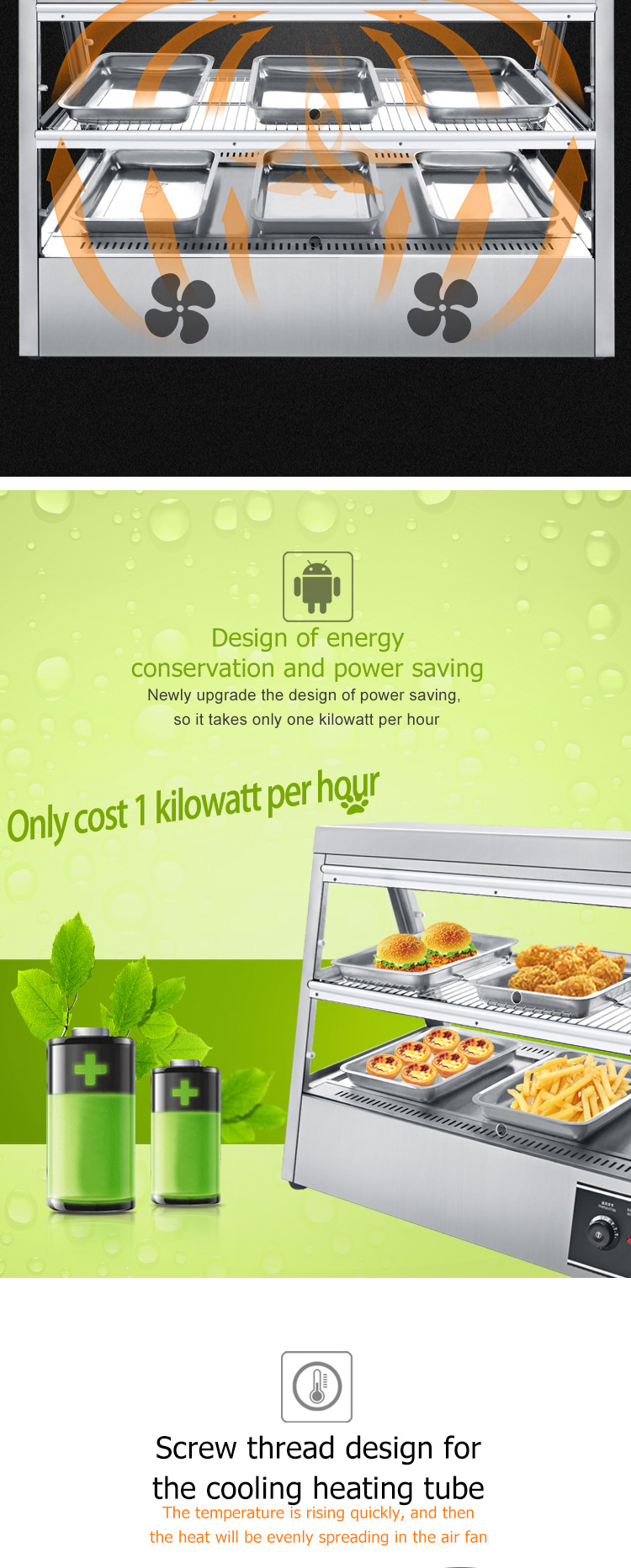 Modern Desgin Two Layer Hot Air Circulation Food Display Warmer for Fried Chicken