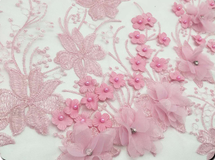 3D Flower Applique Embroidery Lace Fabric with bead and rhinestone
