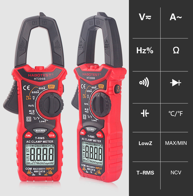 HT206B Auto Range Digital Clamp Meters , 600A AC Current Clamp Meter