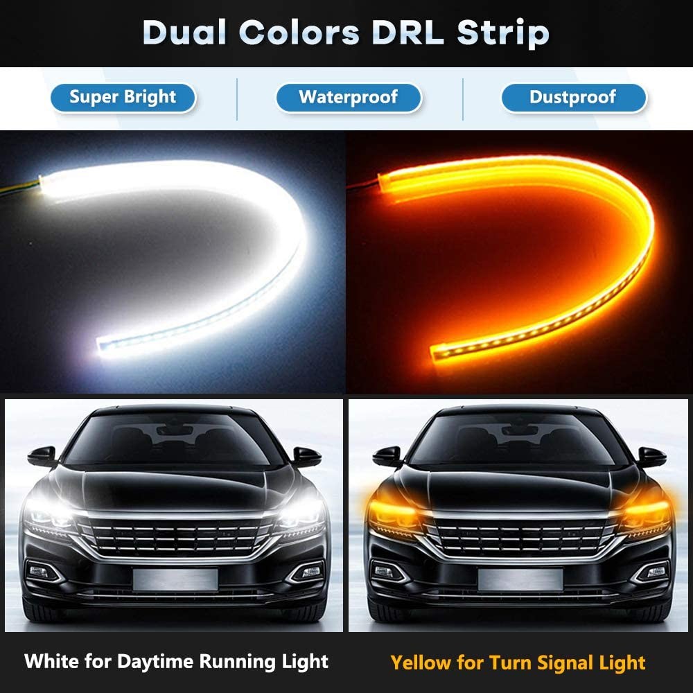45CM 17.7" White Amber Flexible LED Day Time Running Light Flowing Bar Silicone DRL