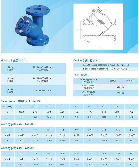 Class 125 Class 150 Y Strainer Valves Cast Iron ANSI Ductile Gate Valve PN16 PN10