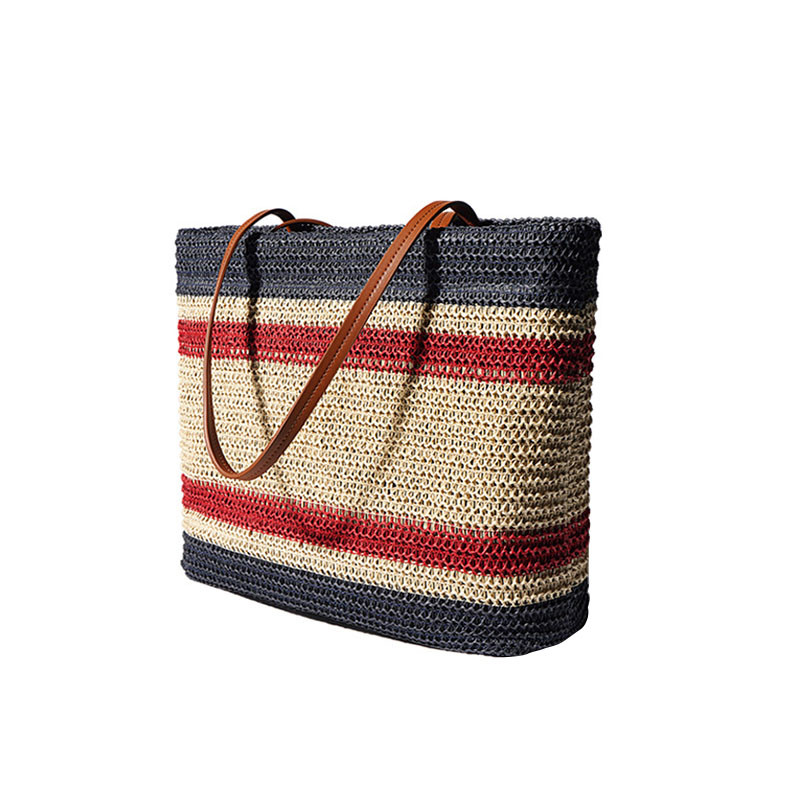 Lightweight Striped Woven Tote Bag Large Capacity Single Shoulder