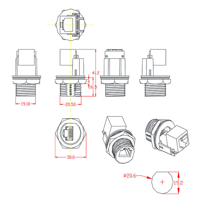 24AWG 2.4A RJ45 Waterproof Connector IP67 Straight Panel Mount Socket