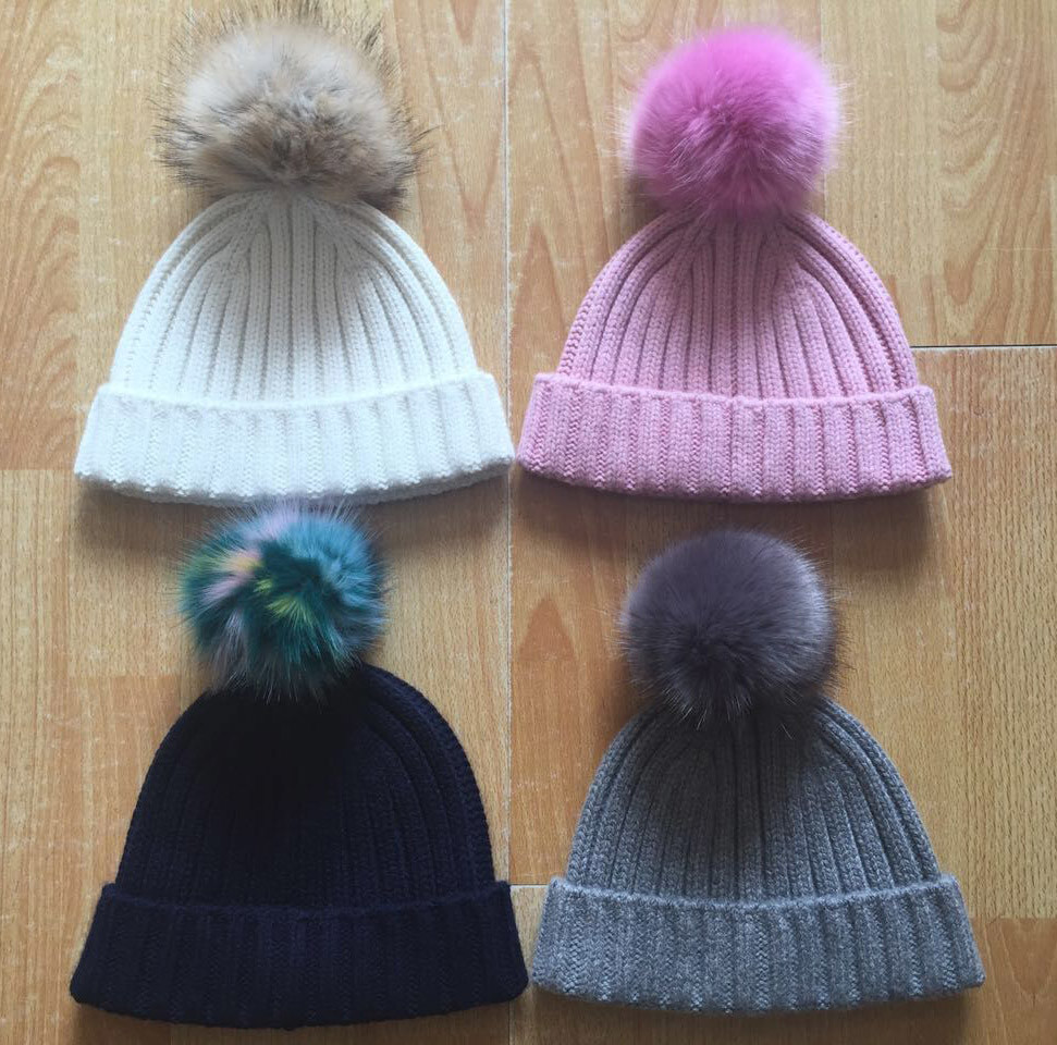 Warm Knitted Womens Winter Hats Pom Pom , Elastic Beanie With Fur Pom Pom