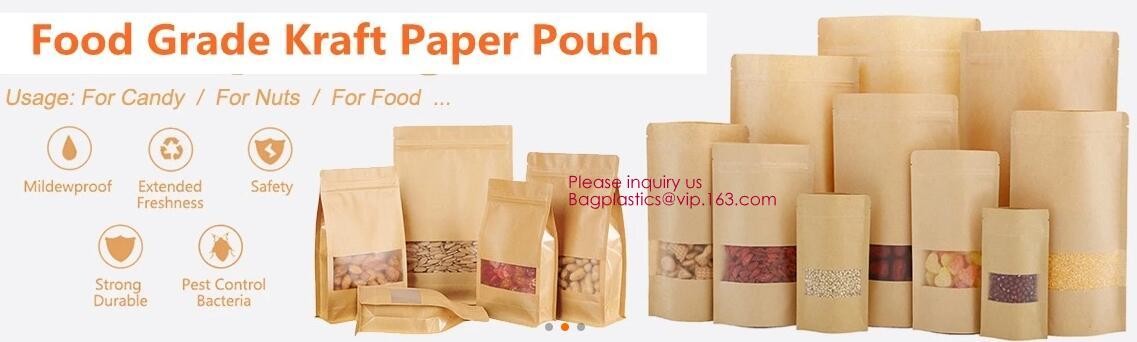 Natural Kraft Paper Flat Bottom Standup Pouch / Food Packaging Bags With Window,Foil Lined Standup Kraft Paper Envelopes