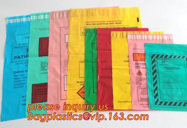 Laboratory Medical biohazard lab plastic specimen transport bag with double pouches, embossed reclosable biohazard speci