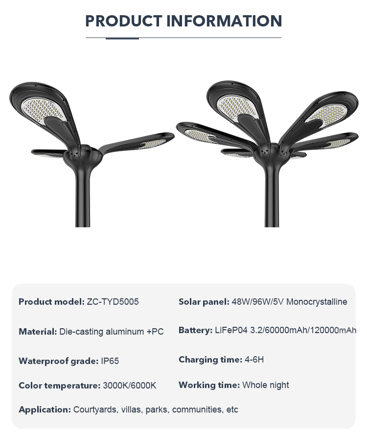 Die Casting Aluminum LED Outdoor Garden Solar Light All In One Street Light 48W 96W For Courtyards