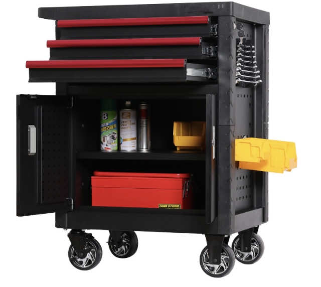 Red And Black Two Door Metal Tool Cabinet On Wheels