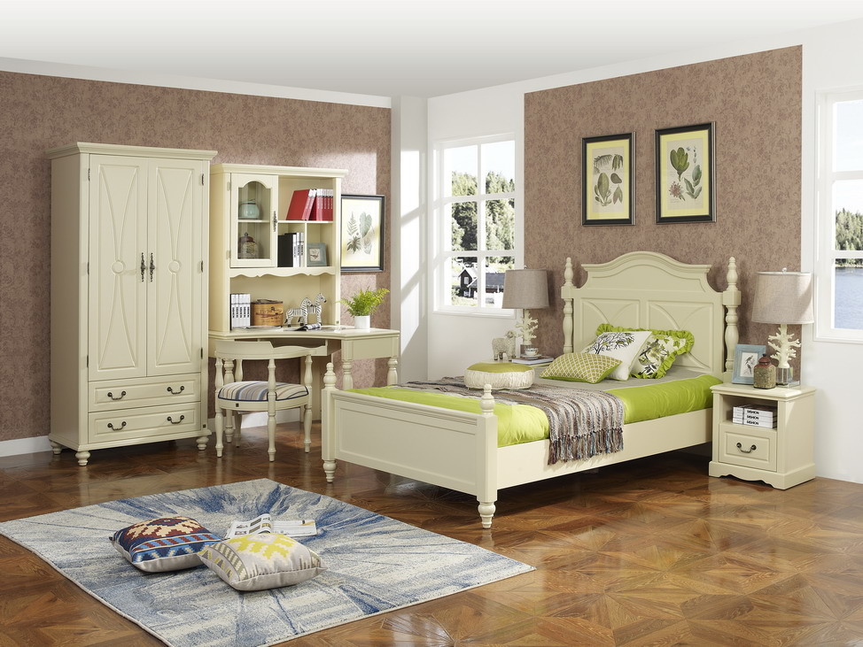 Rubber Wood made Kids/Children/Single white bedroom 1.2/1.4M small bed Space saving furniture with Study table/bookcase