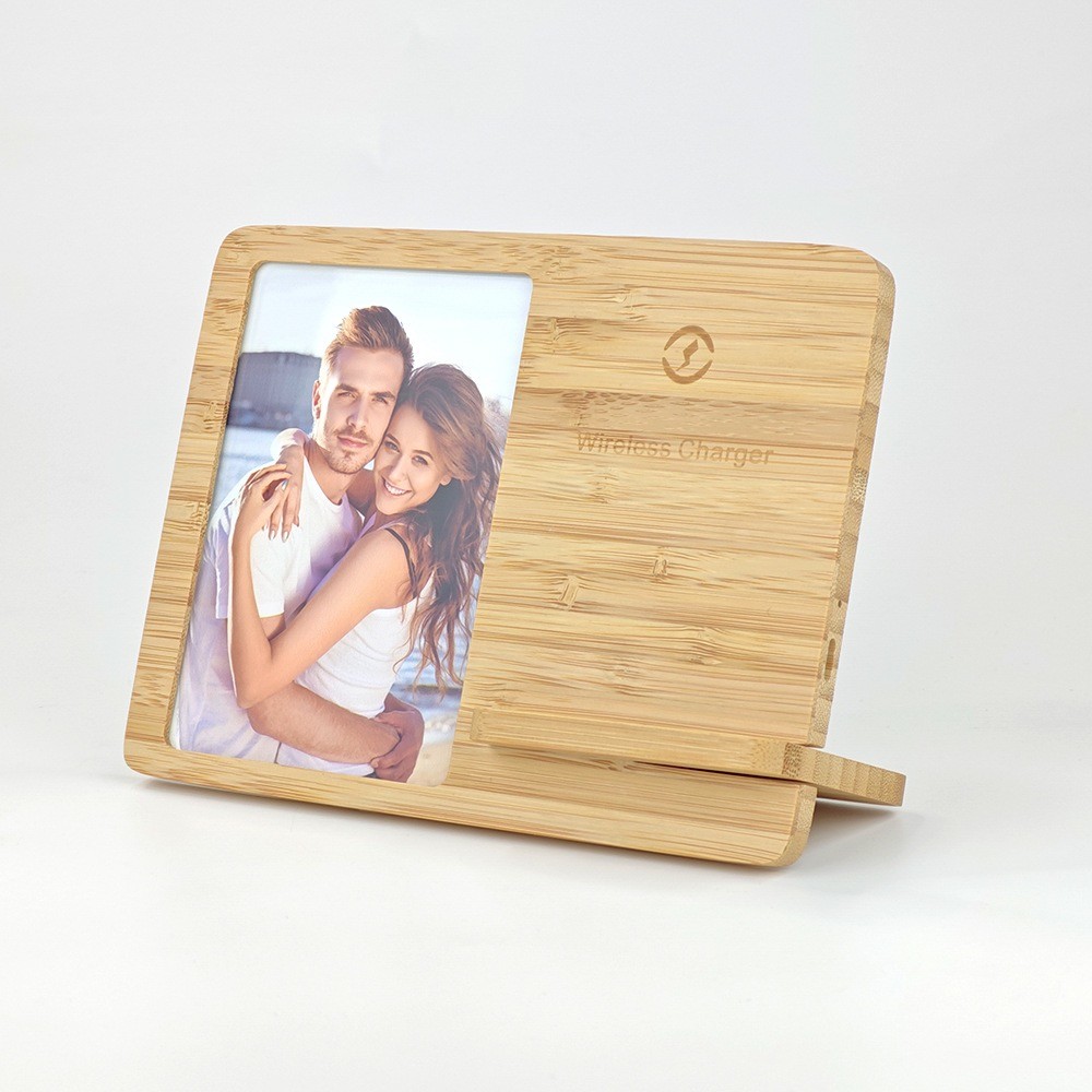 Custom Blank Sublimation Bamboo Desktop Photo Frame With Wireless Charger For Sublimation Photo Printing