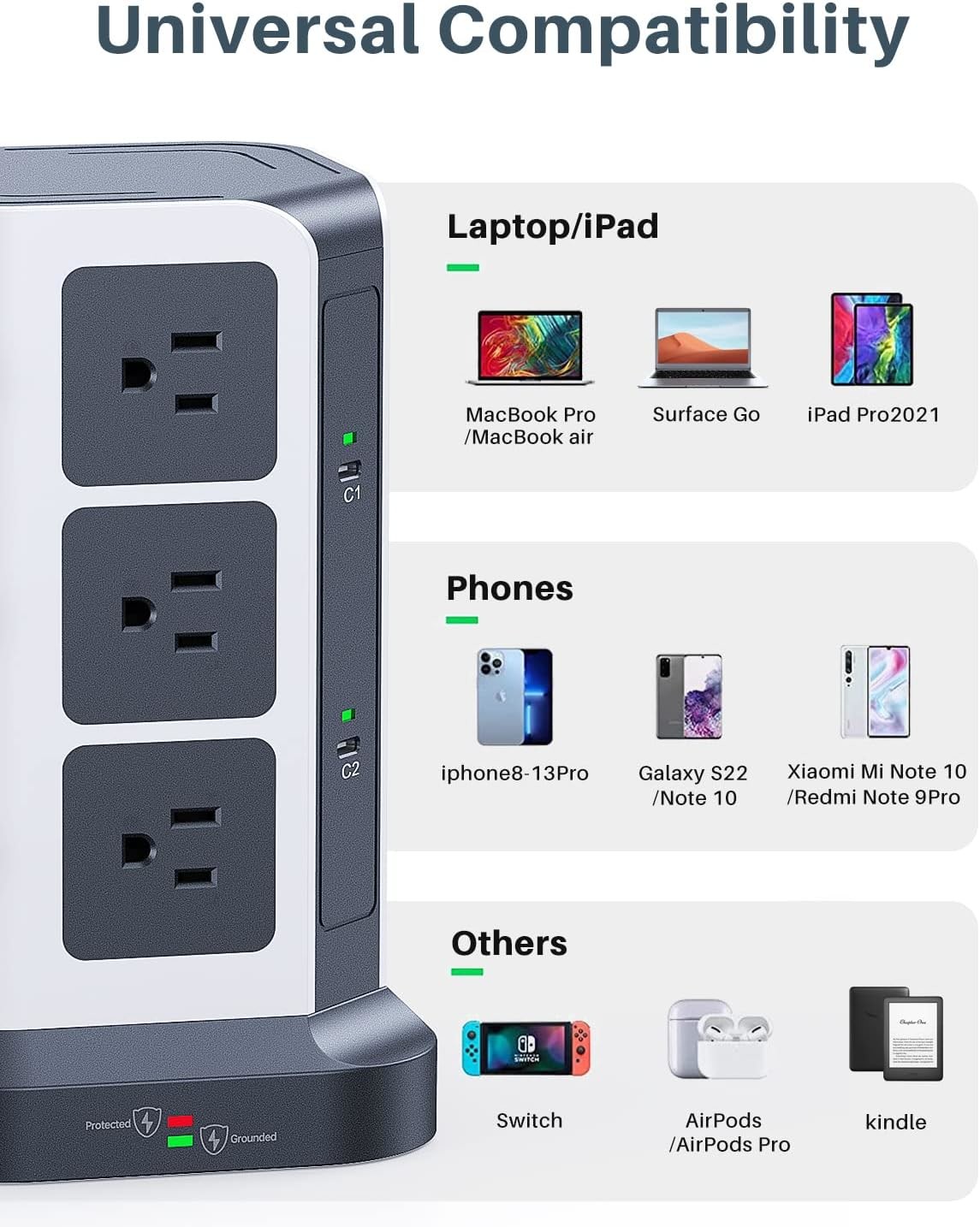 USB C Desktop Charging Tower Surge Protector OEM With 12 Widely Spaced AC Outlets