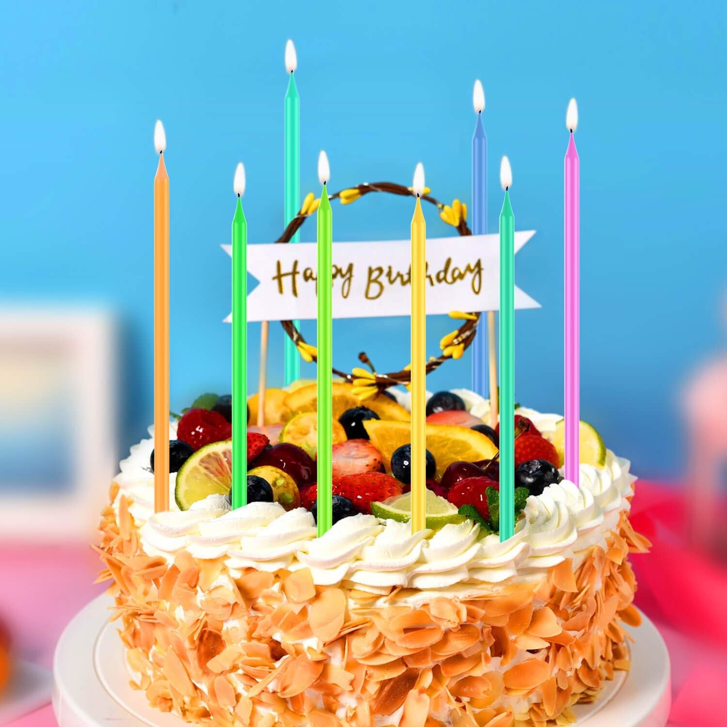Greetings Birthday Candles, Multicolored Long Thin & Happy Birthday Text On Toothpicks (25-Count)